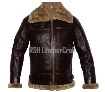 Pre-owned Rsh Leathercraft Men's Raf Brown Bomber Real Shearling Real Sheepskin Leather Jacket