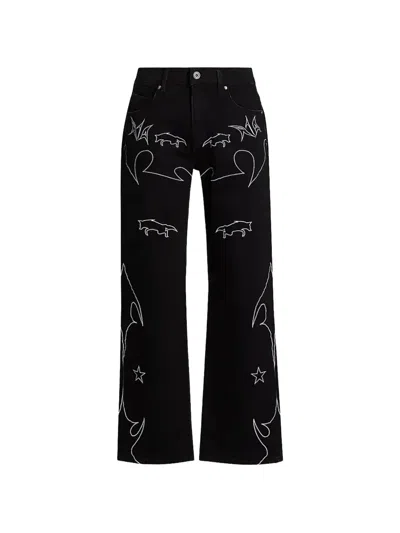 Rta Jonas Western Embroidered Wide-leg Jeans In Black