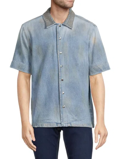 Rta Men's Embellished Collar Denim Shirt In Aged Blue