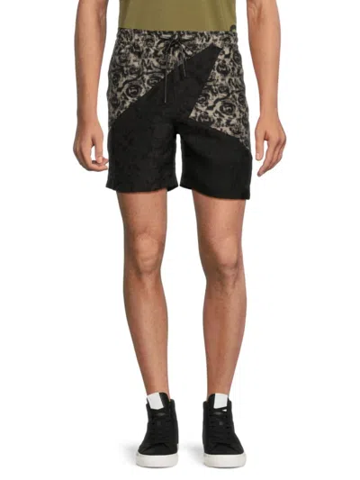 Rta Men's Patchwork Patterned Shorts In Black Combo