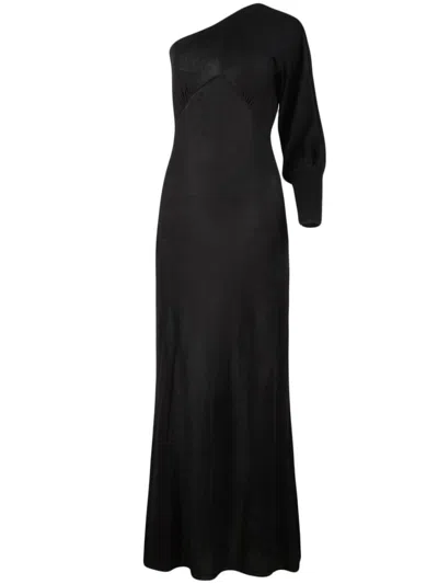 Rta One-shoulder Long Silk Dress In Black