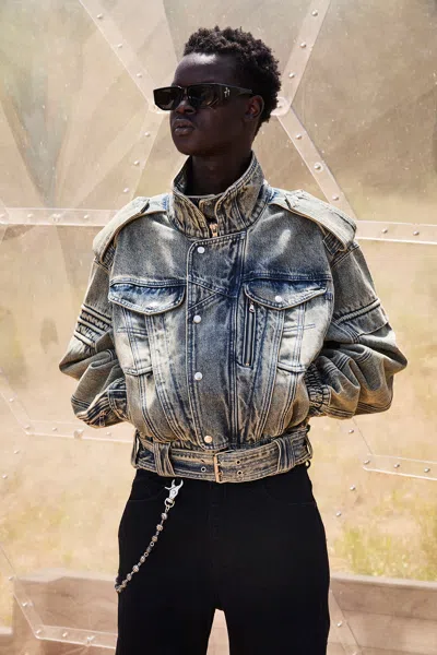Rta Rui Crop Denim Moto Jacket In Green
