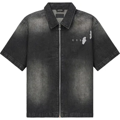 Rta Zeno Distressed Short Sleeve Denim Zip Shirt In Black