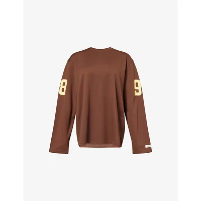 Ru & Rocka Womens Brown Cream Long-sleeve Football Cotton-blend Top Xs