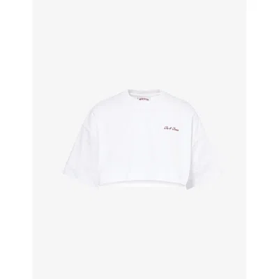 Ru & Rocka Womens White / Burgundy Logo-embroidery Cropped Cotton-jersey T-shirt