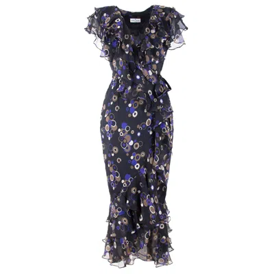 Rua & Rua Women's Black / Blue / Brown Silk Wrap Ruffled Dress In Black In Black/blue/brown