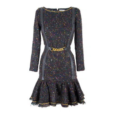 Rua & Rua Women's Black Sequinned Bouclé Tweed Fringed Dress