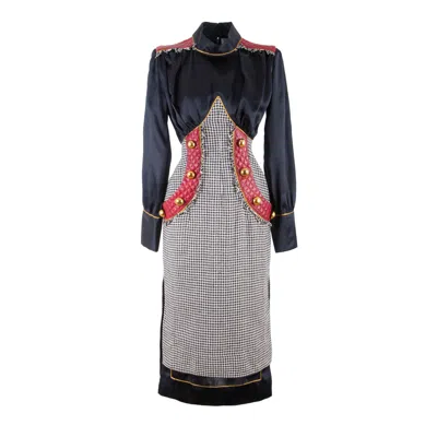 Rua & Rua Women's Black / White / Red Silk Midi Dress With Leather Trim In Blue