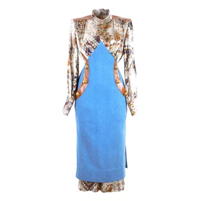 Rua & Rua Women's Blue / Brown Dual-fabric Midi Dress With Leather Trim
