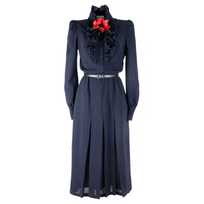 Rua & Rua Women's Blue / Red Ruffled Wool Midi Dress With Flower Leather Brooch In Blue In Blue/red