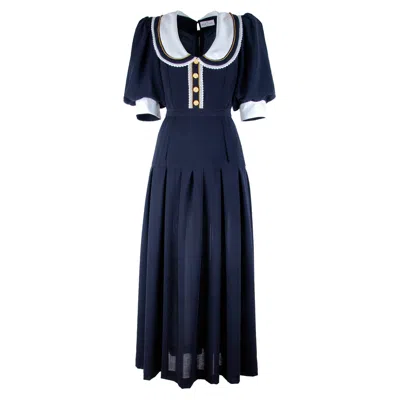 Rua & Rua Women's Blue / White Wool Long Dress With Wide Silk Collar In Blue/white