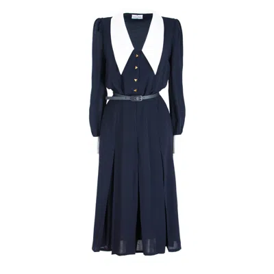 Rua & Rua Women's Blue / White Wool Midi Dress With Wide Silk Collar Blue & White In Blue/white