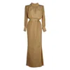 Rua & Rua Women's Brown Long Silk Crepe De Chine Dress With Metal Button Back Detail In Beige In Brown
