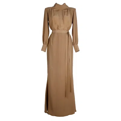 Rua & Rua Women's Brown Long Silk Crepe De Chine Dress With Metal Button Back Detail In Caramel
