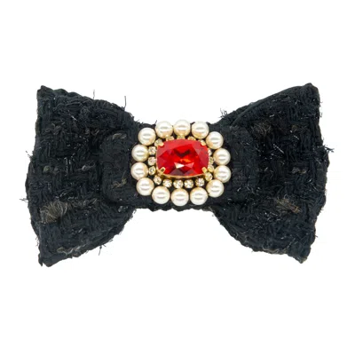 Rua & Rua Women's Gold / Black / Red Black Bouclé Tweed Hair Clip With Pearls And Crystals In Black In Gold/black/red