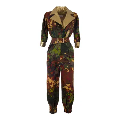 Rua & Rua Women's Gold Camouflage Cotton & Leather Loose Fit Jumpsuit In Green