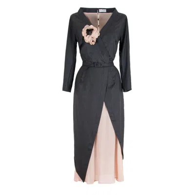 Rua & Rua Women's Grey / Pink / Purple Asymmetrical Pencil Wool & Silk Dress With Silk Flower Decoration In Grey/pink/purple