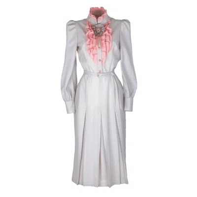 Rua & Rua Women's Grey / Pink / Purple Ruffled Wool Midi Dress With Brooch In Grey & Pink In Grey/pink/purple