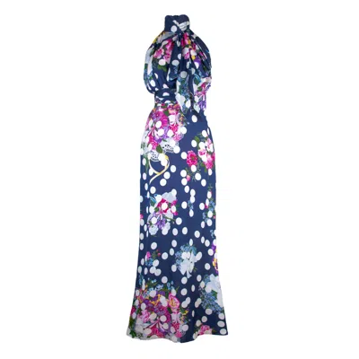 Rua & Rua Women's Long Halterneck Gown With Oversized Bow – Floral Polka Dot Print In Blue