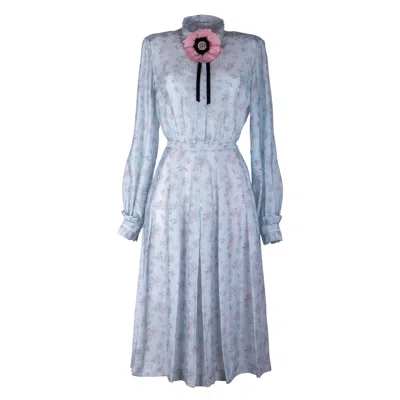 Rua & Rua Women's Midi Silk Dress With Flower Brooch Multicolour In Blue