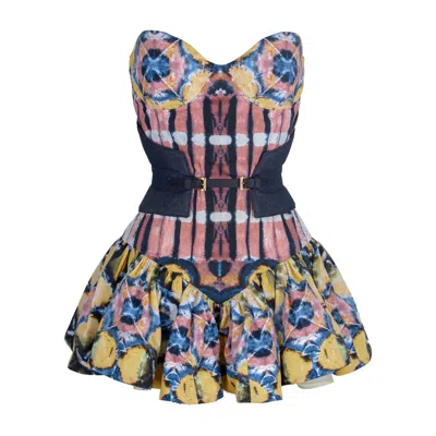 Rua & Rua Women's Mini Cotton Corset Dress With Draped Skirt And Denim Corset Belt In Multi