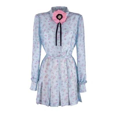 Rua & Rua Women's Mini Silk Dress With Flower Brooch Multicolour In Blue