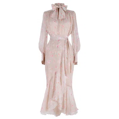 Rua & Rua Women's Neutrals Floral Print Silk Dress With Bow Collar Ivory In White