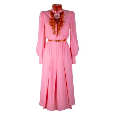 Rua & Rua Women's Pink / Purple / Yellow Ruffled Wool Midi Dress With Flower Brooch In Pink In Pink/purple/yellow