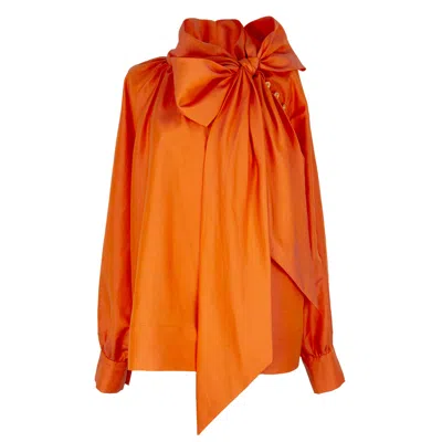 Rua & Rua Women's Yellow / Orange Linen & Silk Bow Blouse Shirt In Orange In Yellow/orange