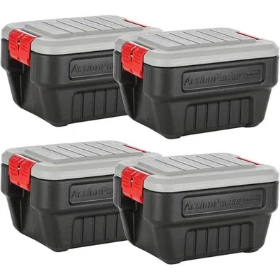 Rubbermaid Actionpacker 8 Gallon Storage Bins, 4 Pack, Lockable In Black;gray