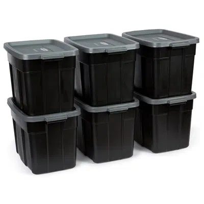 Rubbermaid Roughneck 18 Gal Storage Bins With Lids, 6-pack, Black And Gray In Gray;black