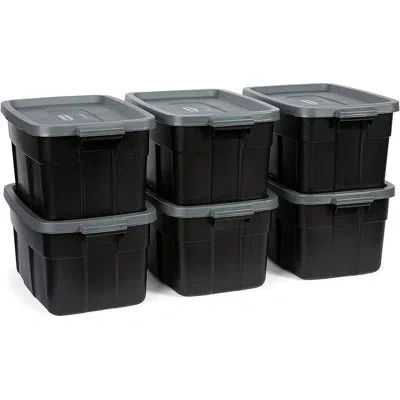 Rubbermaid Roughneck Storage Totes, 14 Gallon, 6 Pack, Black/grey