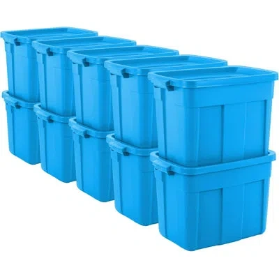 Rubbermaid Roughneck Tote 18 Gal  10 Pack, Made In Usa, Heritage Blue, Rugged Plastic Stackable Storage Bins Wi
