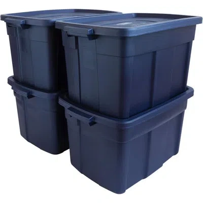 Rubbermaid Roughneck Totes, 25 Gallon, 4 Pack, Dark Indigo Metallic In Navy