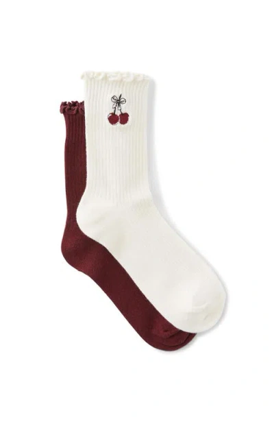 Rubi Shoes The Perfect Pair Frill Rib Crew Sock 2pk In Ecru Sour Cherry