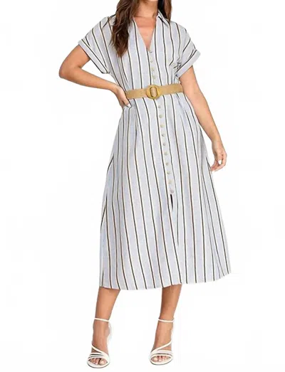 Rubienn Button Down Belted Midi Dress In Stripe In White