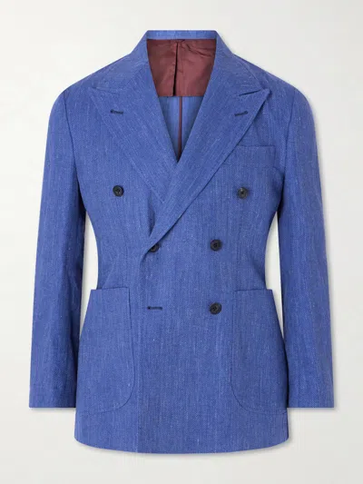 Rubinacci Double-breasted Linen And Wool-blend Suit Jacket In Blue