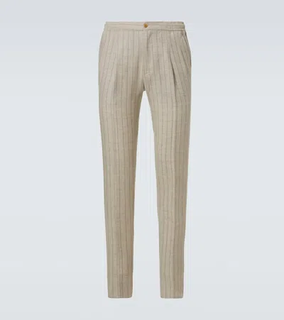 Rubinacci Pinstripe Wool And Linen Straight Pants In Beige