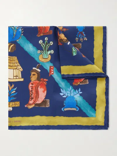 Rubinacci Printed Silk-twill Pocket Square In Blue