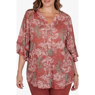 Ruby Rd. Ruby Rd Burnout Three-quarter Sleeve Top In Terracotta Multi
