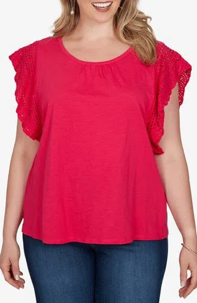 Ruby Rd. Ruby Rd Cotton Slub T-shirt With Crochet Sleeves In Azalea