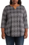 Ruby Rd. Ruby Rd Diamond Print Puff Sleeve Pullover In Black/ivory