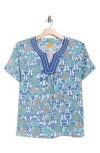 Ruby Rd. Ruby Rd Embroidered Short Sleeve Crinkled Top In Blue