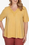 Ruby Rd. Ruby Rd Embroidered Split Neck Slub Top In Marigold