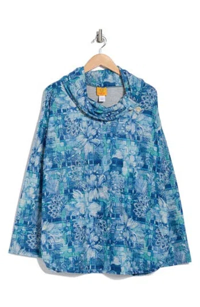 Ruby Rd. Ruby Rd Floral Plaid Long Sleeve Hacci Top In Porcelain Blue Multi