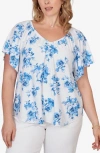 Ruby Rd. Ruby Rd Floral Print Eyelet Top In Blue