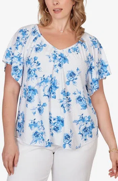 Ruby Rd. Ruby Rd Floral Print Eyelet Top In Blue