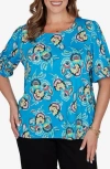 Ruby Rd. Ruby Rd Floral Puff Sleeve Jersey Top In Azure Blue Multi