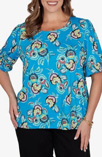 Ruby Rd. Ruby Rd Floral Puff Sleeve Jersey Top In Azure Blue Multi