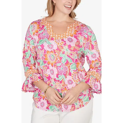 Ruby Rd. Ruby Rd Floral Ruffle Three-quarter Sleeve Top In Pink